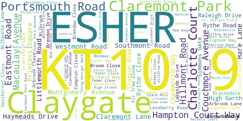 A word cloud for the KT10 9 postcode